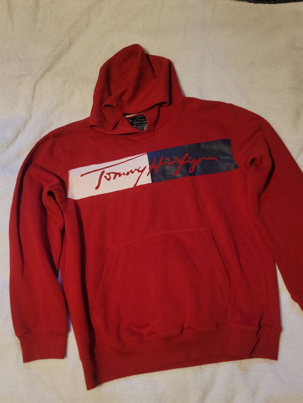 Tommy Hilfiger Boys Red Hoodie With White And Navy Blue Chest Script Logo